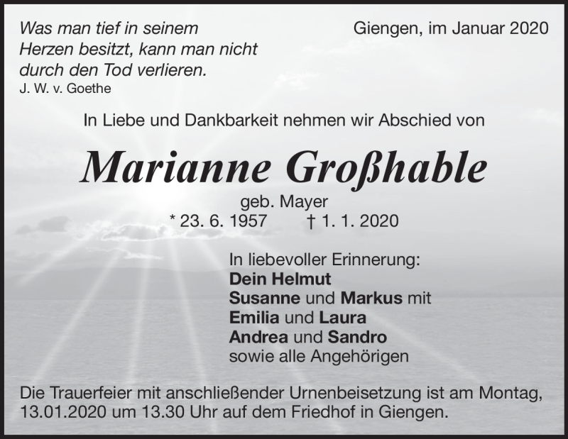  Traueranzeige für Marianne Großhable vom 08.01.2020 aus Heidenheimer Zeitung
