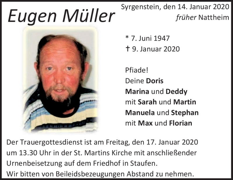  Traueranzeige für Eugen Müller vom 14.01.2020 aus Heidenheimer Zeitung