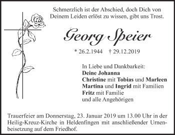 Traueranzeige von Georg Speier von Heidenheimer Zeitung