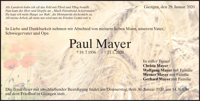  Traueranzeige für Paul Mayer vom 29.01.2020 aus Heidenheimer Zeitung