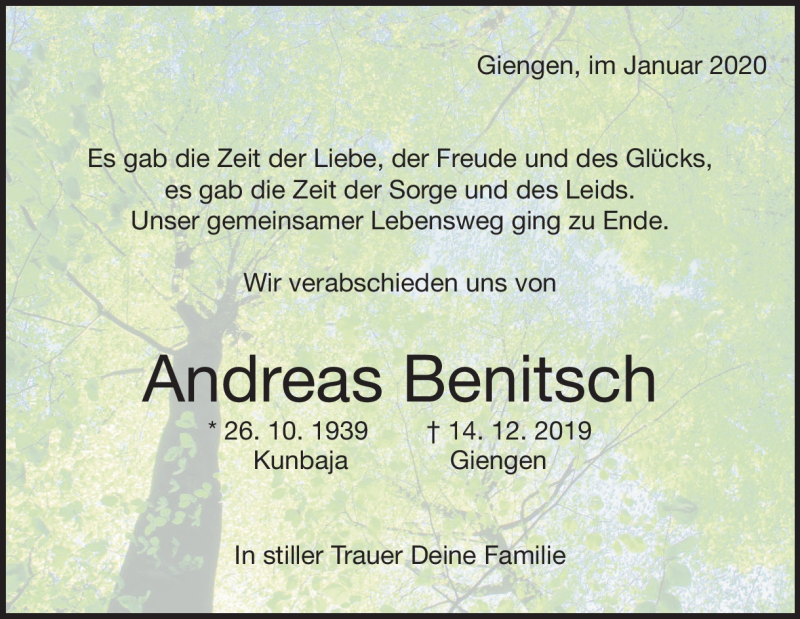  Traueranzeige für Andreas Benitsch vom 11.01.2020 aus Heidenheimer Zeitung