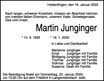 Traueranzeige von Martin Junginger von Heidenheimer Zeitung