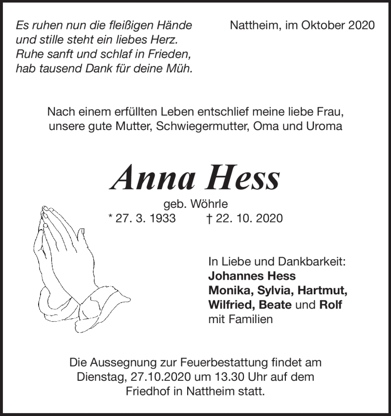  Traueranzeige für Anna Hess vom 24.10.2020 aus Heidenheimer Zeitung