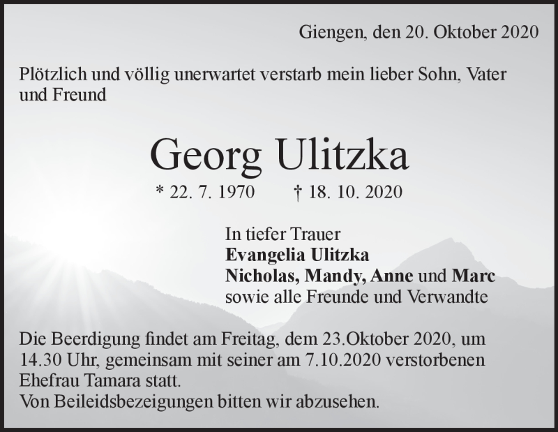  Traueranzeige für Georg Ulitzka vom 20.10.2020 aus Heidenheimer Zeitung