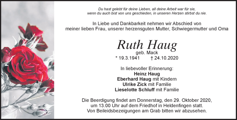  Traueranzeige für Ruth Haug vom 27.10.2020 aus Heidenheimer Zeitung