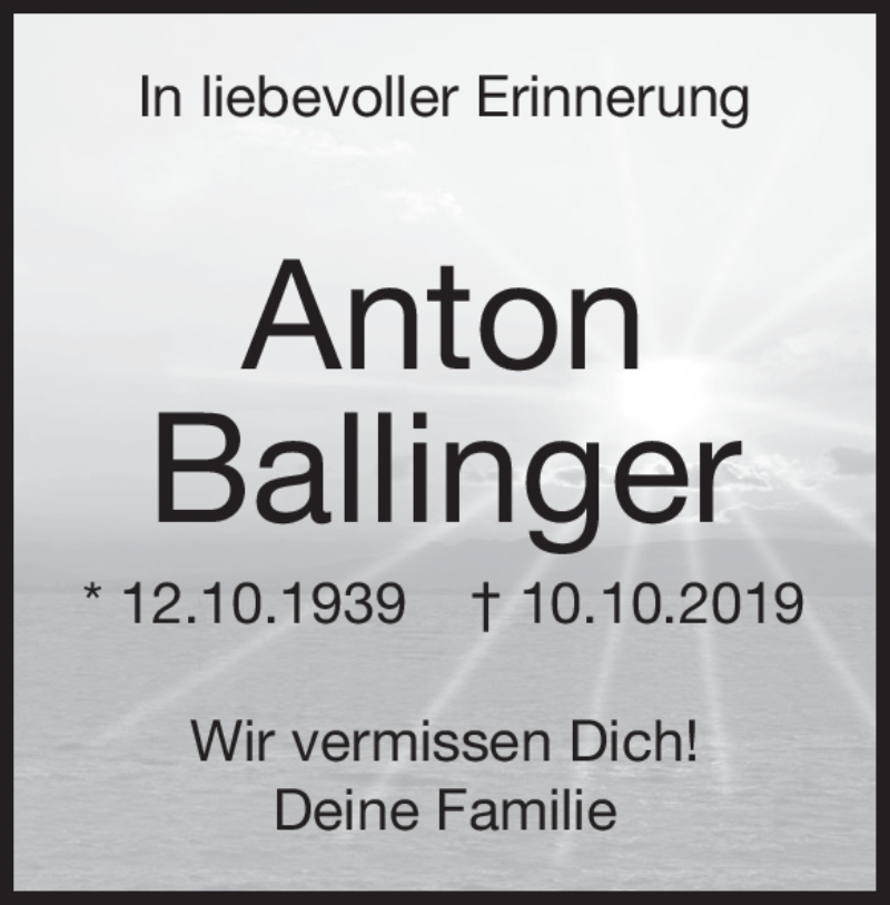  Traueranzeige für Anton Ballinger vom 10.10.2020 aus Heidenheimer Zeitung