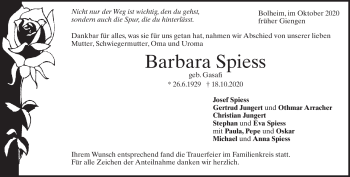 Traueranzeige von Barbara Spiess von Heidenheimer Zeitung