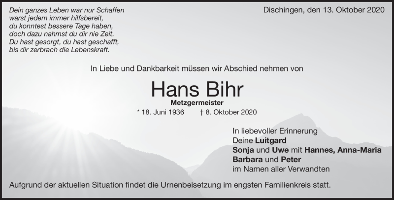 Traueranzeige für Hans Bihr vom 13.10.2020 aus Heidenheimer Zeitung