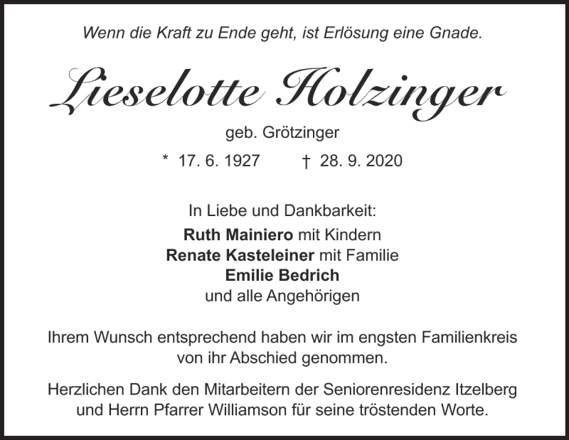  Traueranzeige für Lieselotte Holzinger vom 10.10.2020 aus Heidenheimer Zeitung