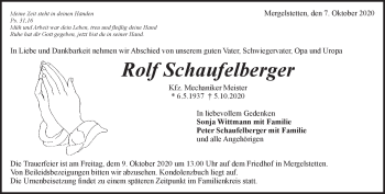 Traueranzeige von Rolf Schaufelberger von Heidenheimer Zeitung