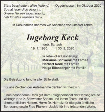 Traueranzeige von Ingeborg Keck von Heidenheimer Zeitung