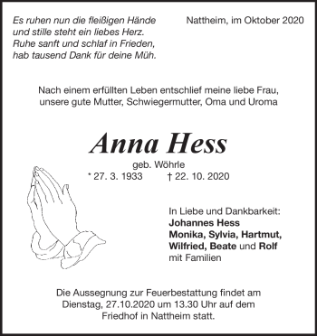 Traueranzeige von Anna Hess von Heidenheimer Zeitung