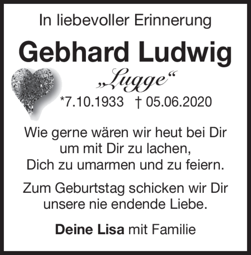  Traueranzeige für Gebhard Ludwig  vom 07.10.2020 aus Heidenheimer Zeitung