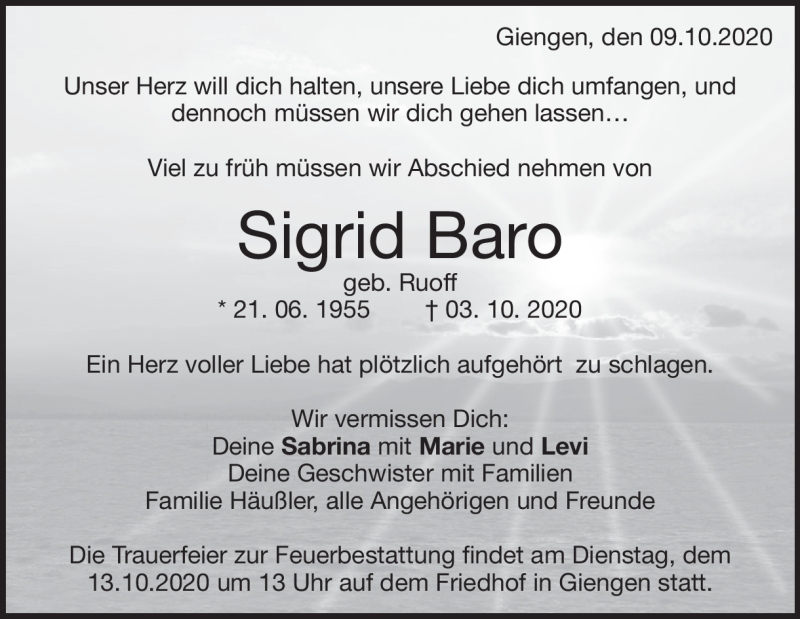  Traueranzeige für Sigrid Baro vom 09.10.2020 aus Heidenheimer Zeitung