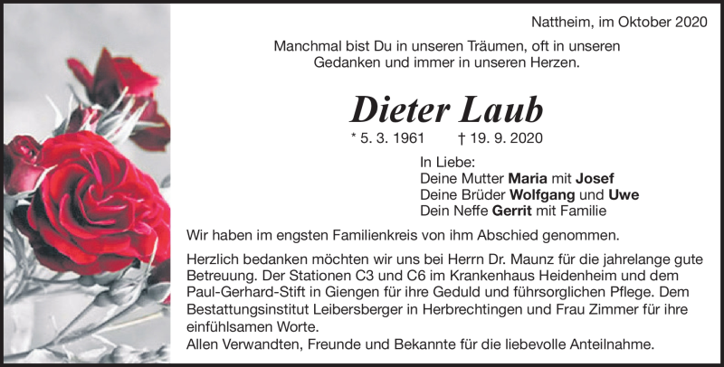  Traueranzeige für Dieter Laub vom 10.10.2020 aus Heidenheimer Zeitung