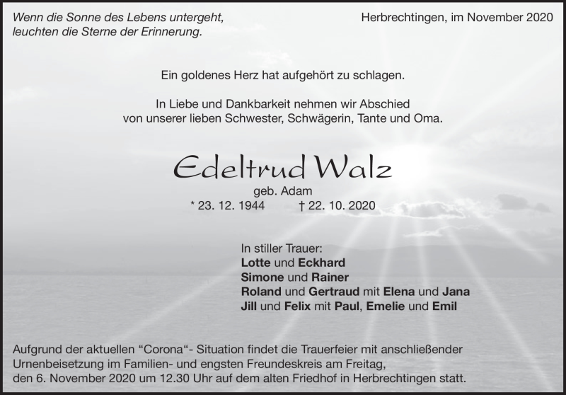  Traueranzeige für Edeltraud Walz vom 04.11.2020 aus Heidenheimer Zeitung