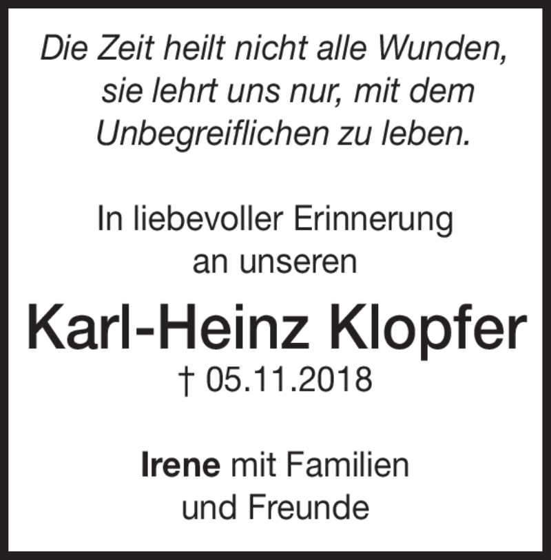  Traueranzeige für Karl-Heinz Klopfer vom 05.11.2020 aus Heidenheimer Zeitung
