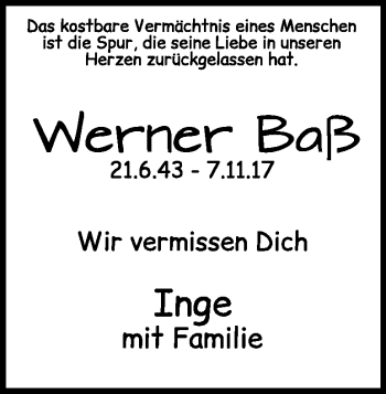 Traueranzeige von Werner Baß von Heidenheimer Zeitung