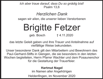 Traueranzeige von Brigitte Fetzer von Heidenheimer Zeitung