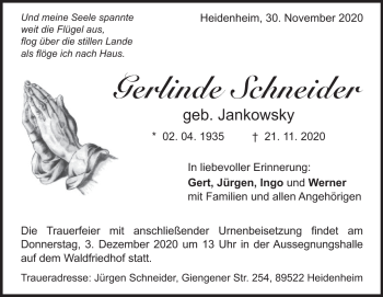 Traueranzeige von Gerlinde Schneider von Heidenheimer Zeitung