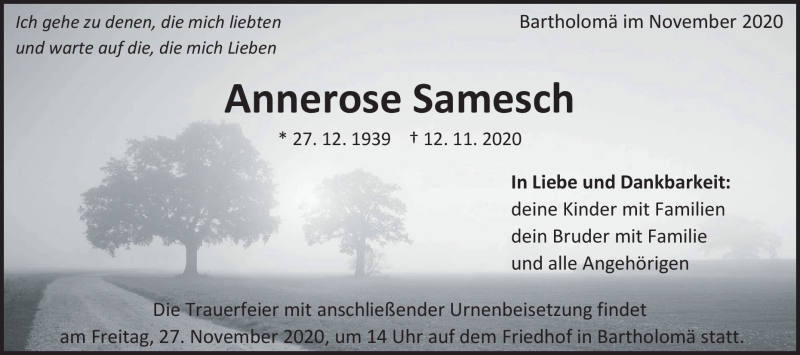  Traueranzeige für Annerose Samesch vom 23.11.2020 aus Heidenheimer Zeitung