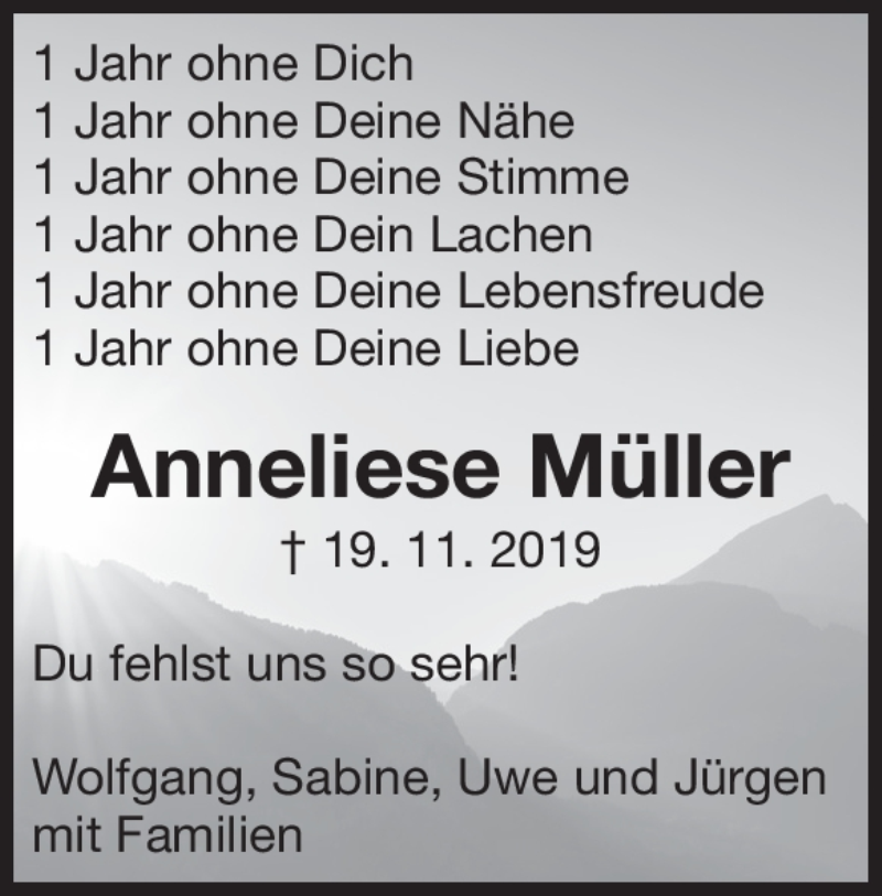  Traueranzeige für Anneliese Müller vom 19.11.2020 aus Heidenheimer Zeitung