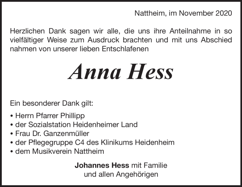  Traueranzeige für Anna Hess vom 28.11.2020 aus Heidenheimer Zeitung