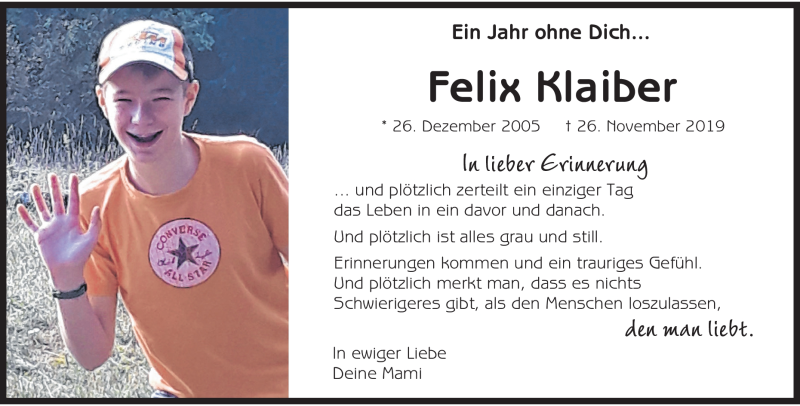  Traueranzeige für Felix Klaiber vom 26.11.2020 aus Heidenheimer Zeitung