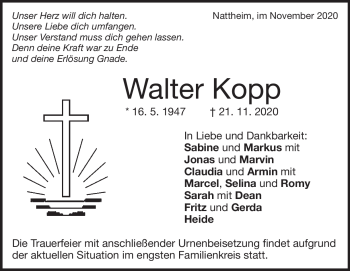 Traueranzeige von Walter Kopp von Heidenheimer Zeitung