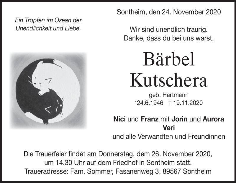  Traueranzeige für Bärbel Kutschera vom 24.11.2020 aus Heidenheimer Zeitung