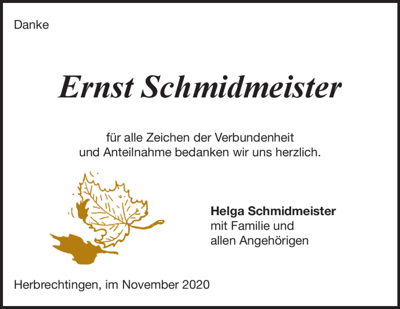  Traueranzeige für Ernst Schmidmeister vom 21.11.2020 aus Heidenheimer Zeitung