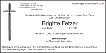 Traueranzeige von Brigitte Fetzer von Heidenheimer Zeitung