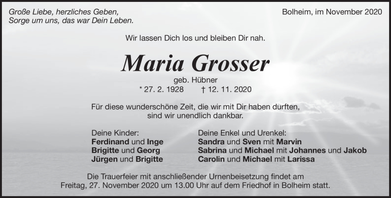  Traueranzeige für Maria Grosser vom 21.11.2020 aus Heidenheimer Zeitung