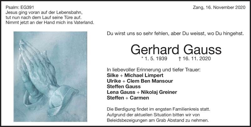  Traueranzeige für Gerhard Gauss vom 19.11.2020 aus Heidenheimer Zeitung