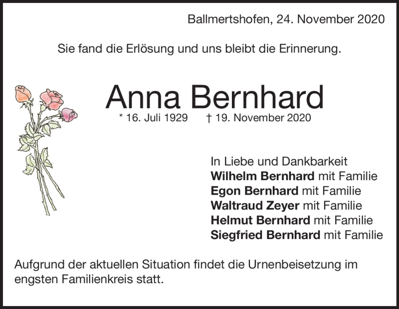  Traueranzeige für Anna Bernhard vom 24.11.2020 aus Heidenheimer Zeitung