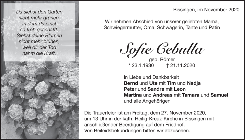  Traueranzeige für Sofie Cebulla vom 24.11.2020 aus Heidenheimer Zeitung