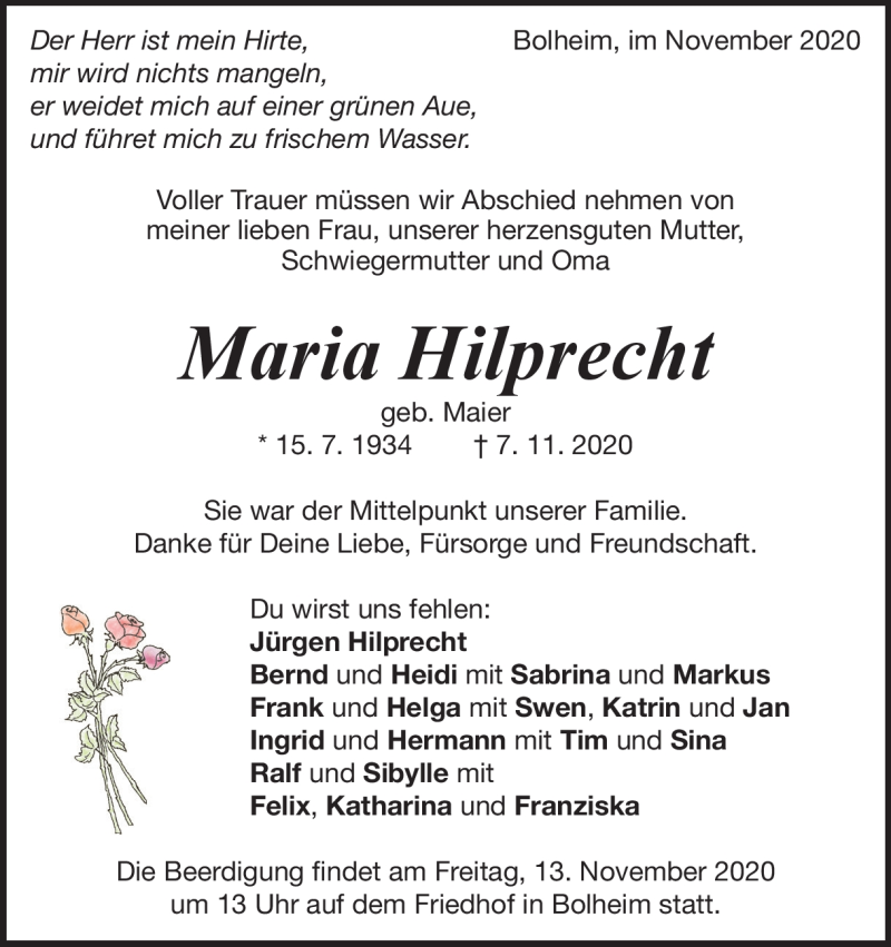  Traueranzeige für Maria Hilprecht vom 11.11.2020 aus Heidenheimer Zeitung