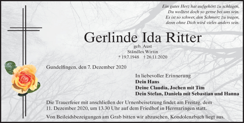  Traueranzeige für Gerlinde Ritter vom 07.12.2020 aus Heidenheimer Zeitung