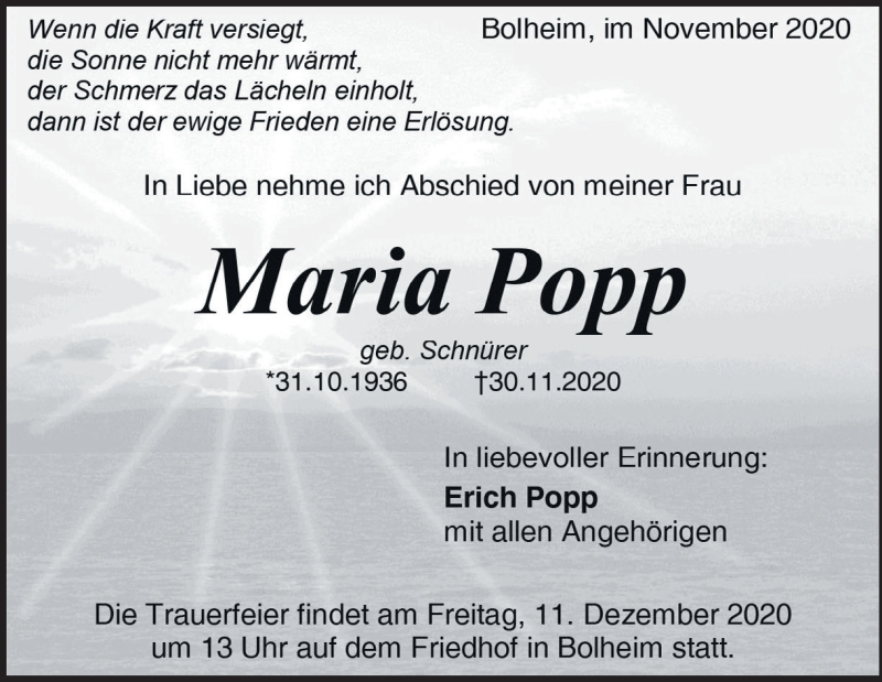  Traueranzeige für Maria Popp vom 07.12.2020 aus Heidenheimer Zeitung