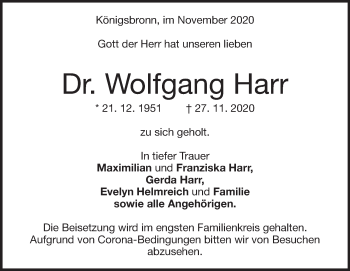 Traueranzeige von Wolfgang Harr von Heidenheimer Zeitung