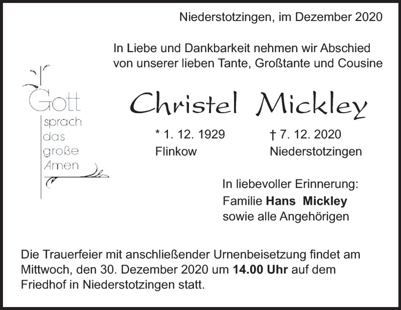  Traueranzeige für Christel Mickley vom 23.12.2020 aus Heidenheimer Zeitung