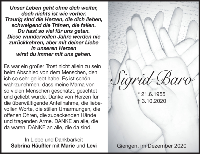  Traueranzeige für Sigrid Baro vom 19.12.2020 aus Heidenheimer Zeitung