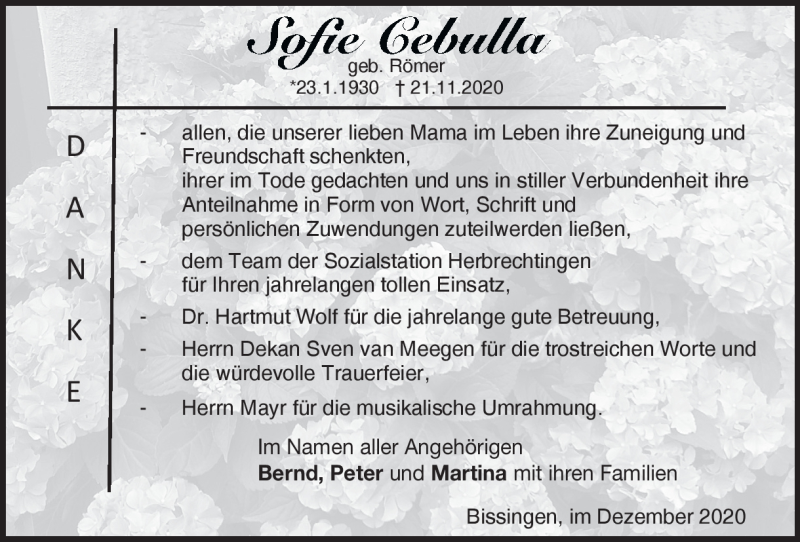  Traueranzeige für Sofie Cebulla vom 09.12.2020 aus Heidenheimer Zeitung