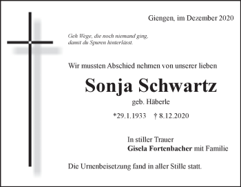 Traueranzeige von Sonja Schwartz von Heidenheimer Zeitung