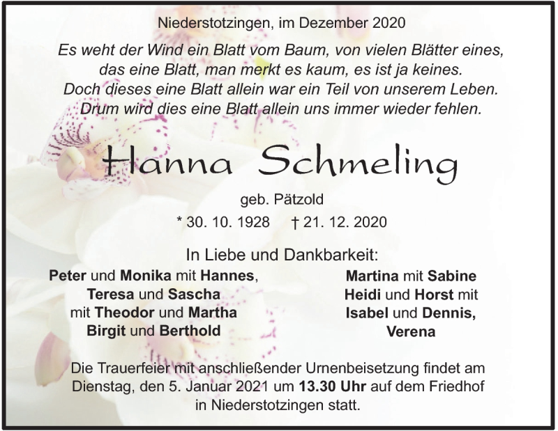  Traueranzeige für Hanna Schmeling vom 30.12.2020 aus Heidenheimer Zeitung