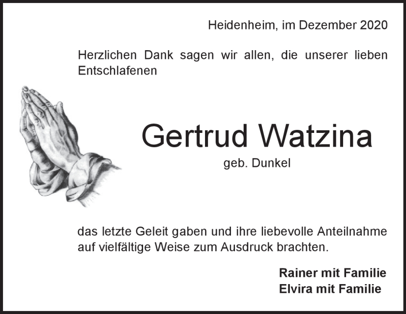  Traueranzeige für Gertrud Watzina vom 23.12.2020 aus Heidenheimer Zeitung