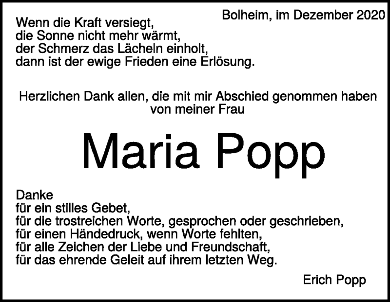  Traueranzeige für Maria Popp vom 16.12.2020 aus Heidenheimer Zeitung