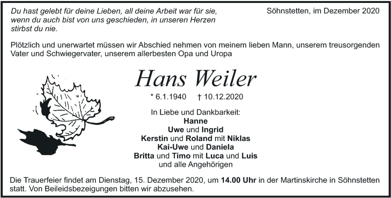  Traueranzeige für Hans Weiler vom 12.12.2020 aus Heidenheimer Zeitung
