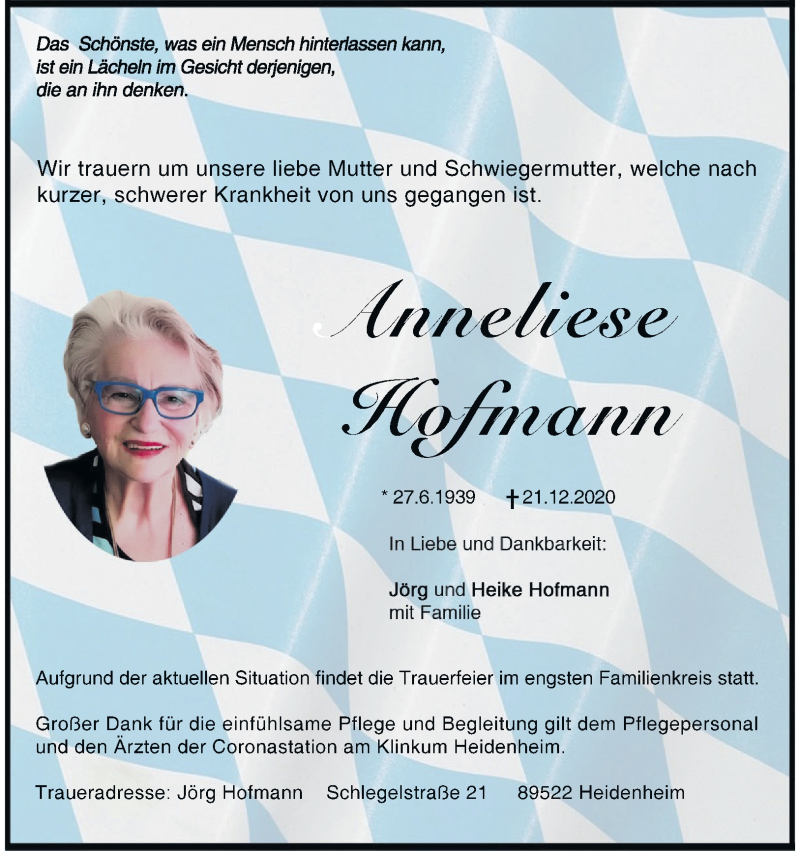  Traueranzeige für Anneliese Hofmann vom 30.12.2020 aus 