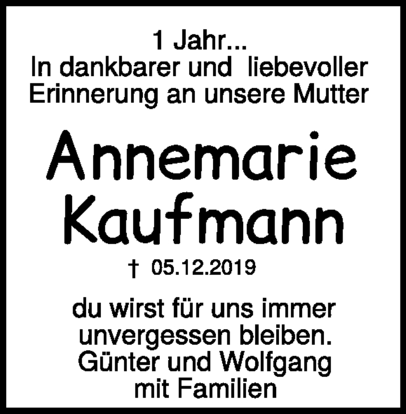  Traueranzeige für Annemarie  Kaufmann vom 05.12.2020 aus Heidenheimer Zeitung